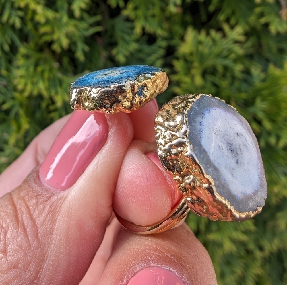 Artisan Handmade In Morocco Adjustable Blue Double Geode Gold Ring Size 8 - Picture 5 of 8